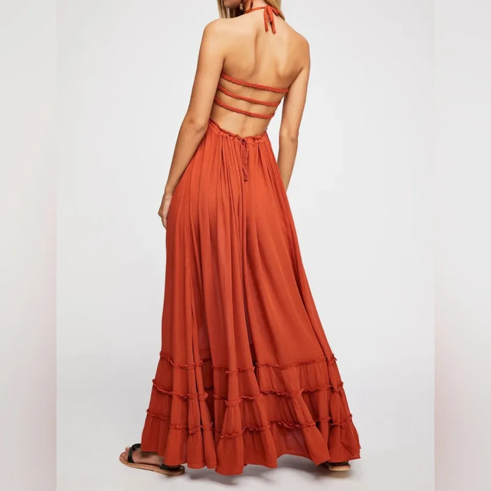 R.Vivimos Orange Summer Cotton Sexy Blackless Ruffle Maxi Dress - Picture 1 of 13